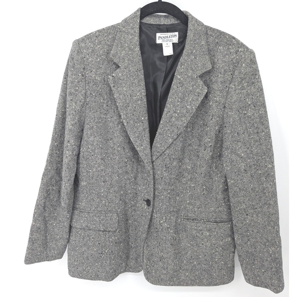 Pendleton Wool‎ Blazer Women 14 Gray Tweed Single Button Made in USA Academia